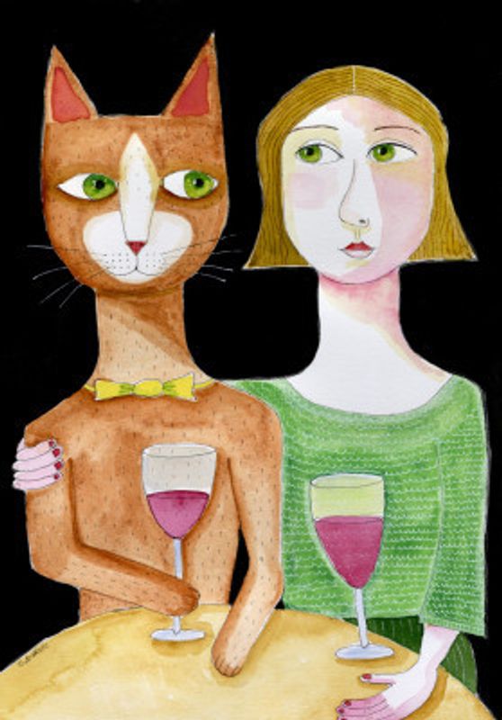 Best Friends Cat and Lady drinking wine