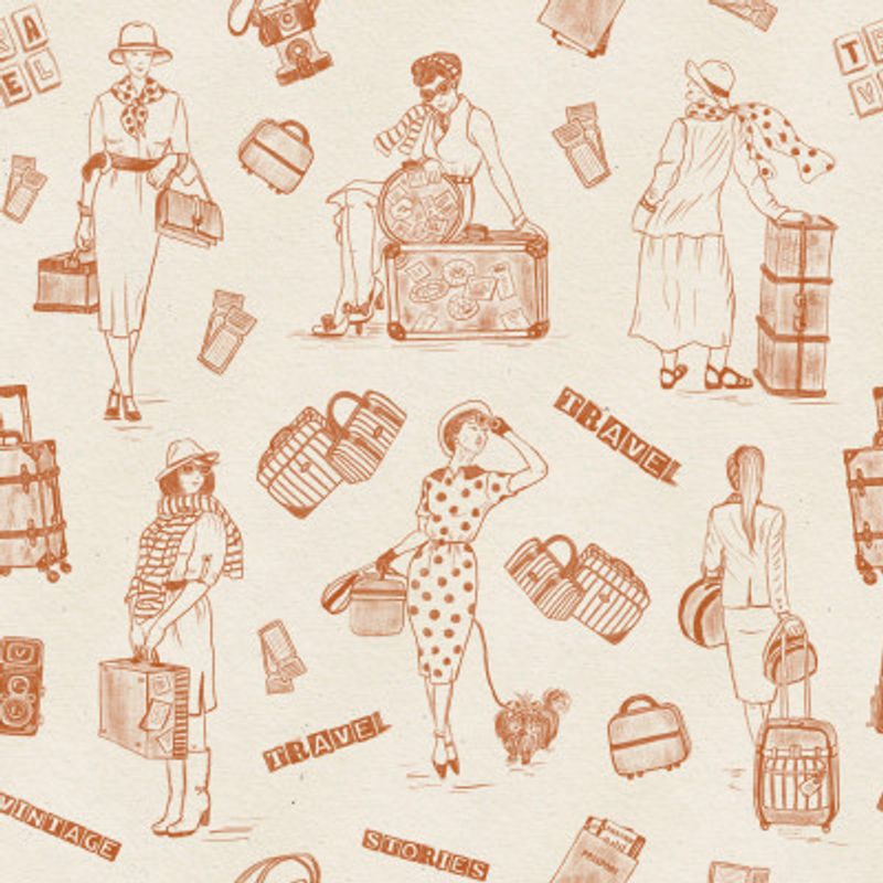 Vintage Ladies Traveling - Vintage Travel Stories - Terracotta - Pattern