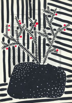 Black and white still life with berries and stripes