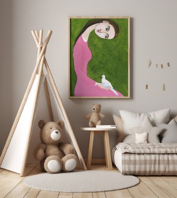 Girl with Dove sitting with pink dress