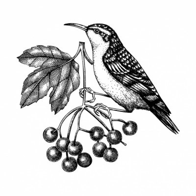 Wildlife Poster - Bird on the branch with berries in vintage style