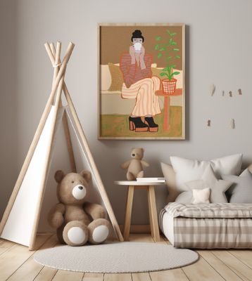 Lady having coffee Woman Sitting with pot plant