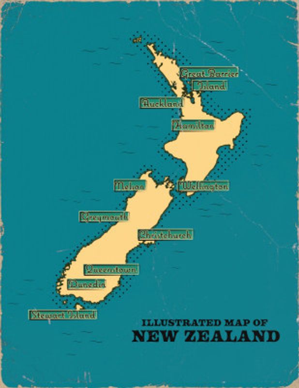 Vintage Illustrated Map Of New Zealand