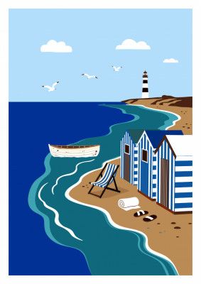 Seaside Beach Huts and Lighthouse