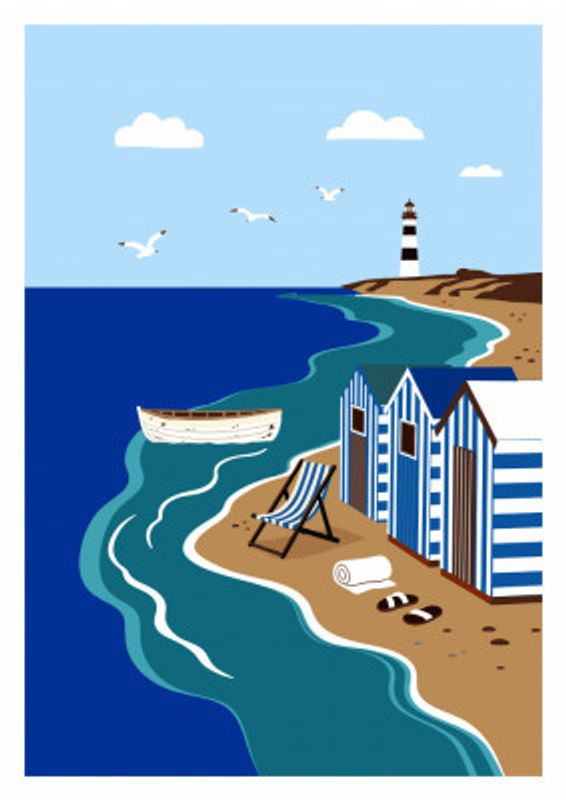 Seaside Beach Huts and Lighthouse