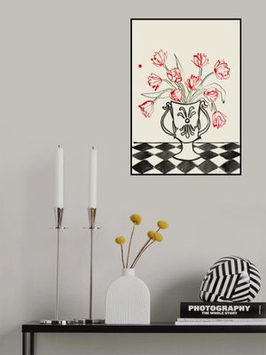 Red Tulips In a Vase with Checkered Diamonds