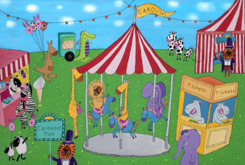 Welcome to the Carousel with Funny Animals by Artist Carla Daly