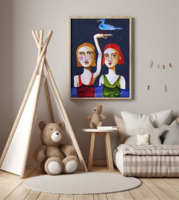 Swimming Girls with Blue Seagul.