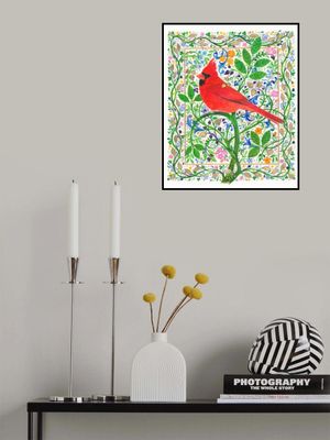 Cardinal Perched on Floral Branches