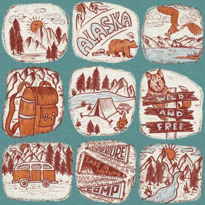 Travel to Alaska - Vintage Travel Stories - Teal BG - Pattern