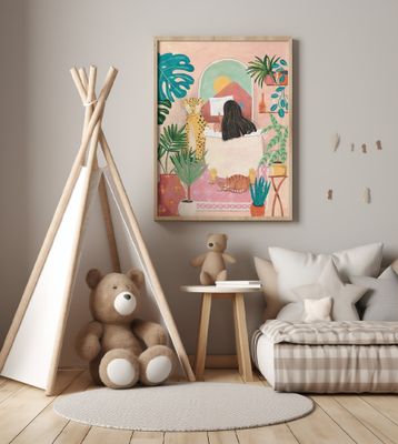 Woman taking bath in pink tropical bathroom