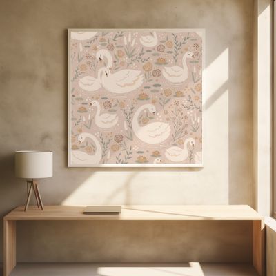 White Swans With Crowns and Lilies On Lake Brown