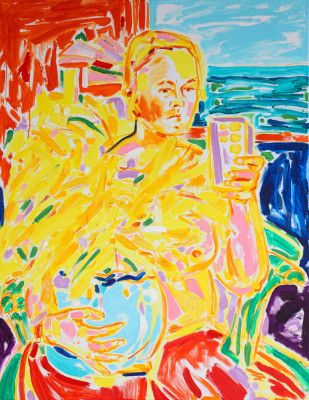 Selfie with a Vase of Yellow Flowers, self portrait,Tamara Jare,  oil on canvas, 2024