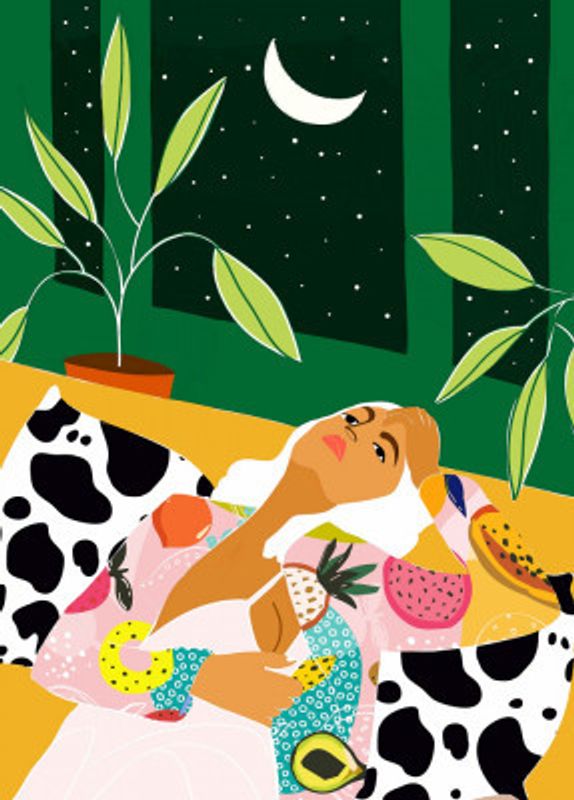 Woman Relaxing Under A Crescent Moon