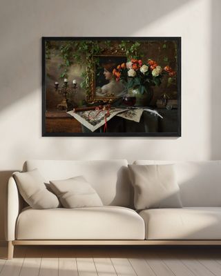 Still life with flowers and picture