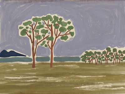 Stylized Trees Against A Tranquil Lake