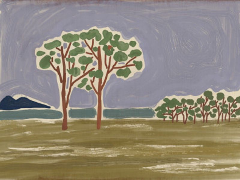 Stylized Trees Against A Tranquil Lake