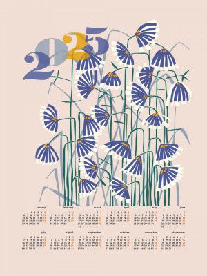 calendar 2025 Linocut flowers peachy pastel