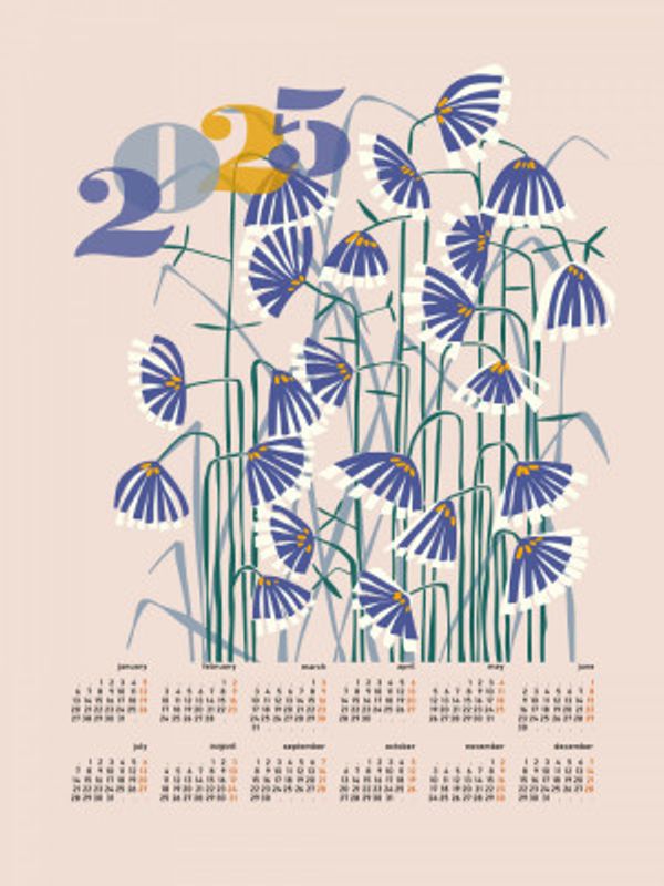 calendar 2025 Linocut flowers peachy pastel