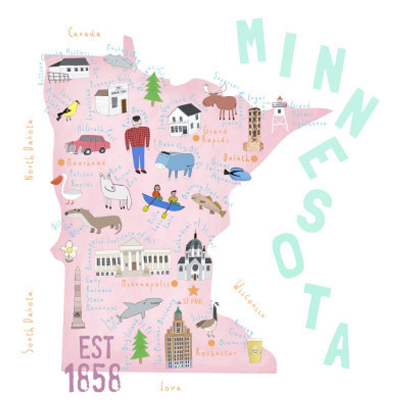 Minnesota Map Illustration with State Icons by Carla Daly