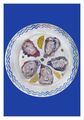 Oysters and Lemon on Blue Plate