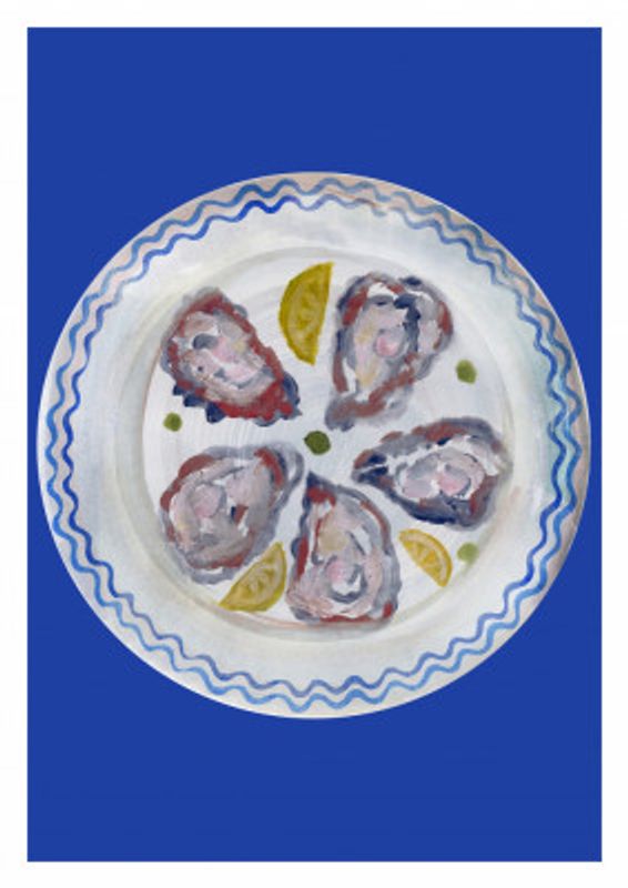Oysters and Lemon on Blue Plate