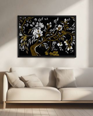 Chinoiserie White Blossom Tree with Elegant Gold Leaves on Blue Background