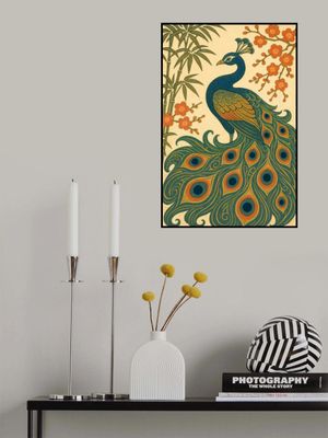 Ukiyo E Style Japanese Peacock With Bamboo and Blossom
