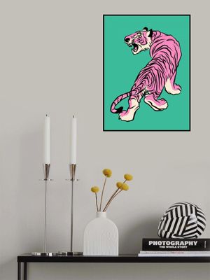 Pink Tiger Against A Teal Background