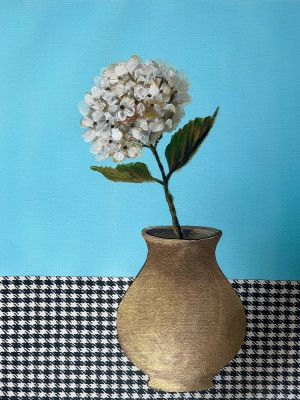Hydrangea Still Life Painting – White Flower in Vase on Blue and Houndstooth Background - 016