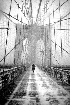 New York Walker in Blizzard - Brooklyn Bridge