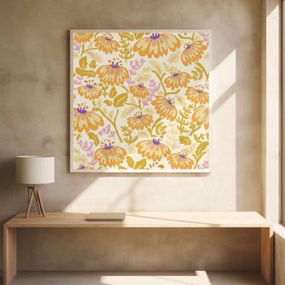 Maximalism 70s Retro Flowers Buttercup yellow and lilac pattern