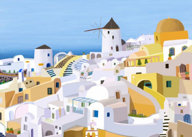 Santorini, Yellow and White Greek Buildings by Artist Carla Daly