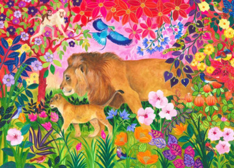 Lion And Cub Surrounded By Colorful Flowers
