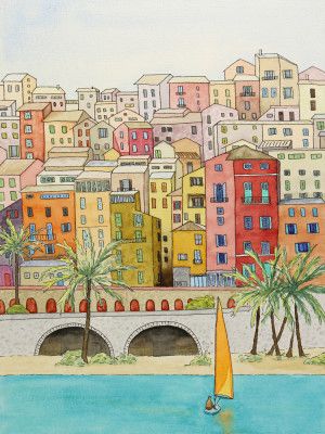 Mediterranean Coastal Town With Sailboat and Palm Trees