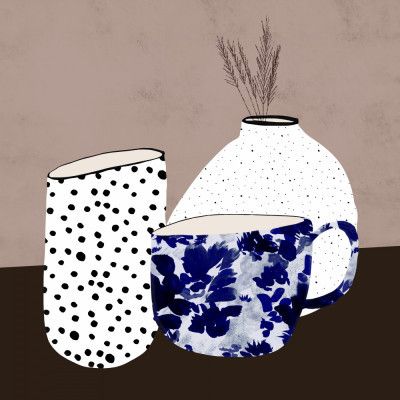 Polka Dot Vase and Floral Patterned Mug