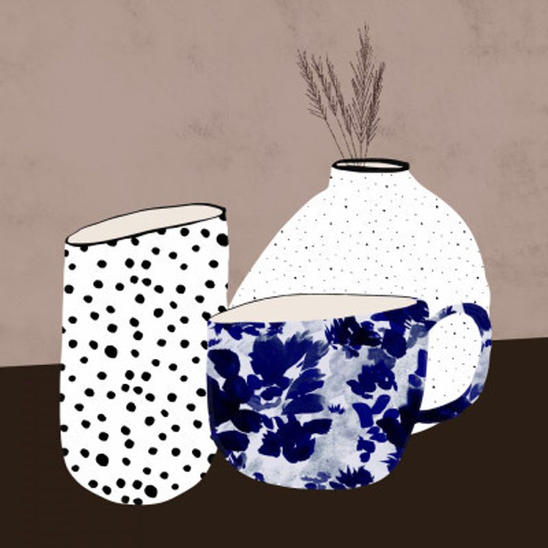 Polka Dot Vase and Floral Patterned Mug