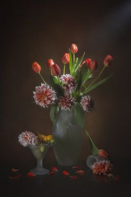 Orange Tulips and Dahlia