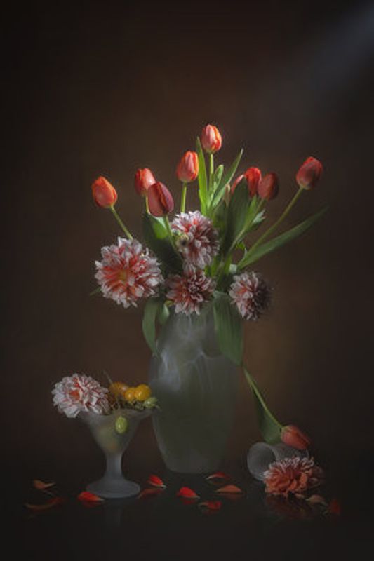 Orange Tulips and Dahlia