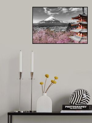 Lovely view of Mount Fuji with Pagoda and Cherry Trees - colorkey