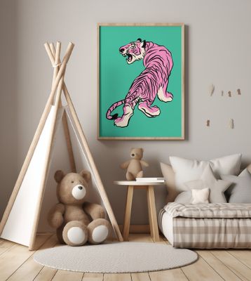 Pink Tiger Against A Teal Background