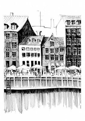Copenhagen Art Print, Denmark Travel Illustration With Cafés On The Water