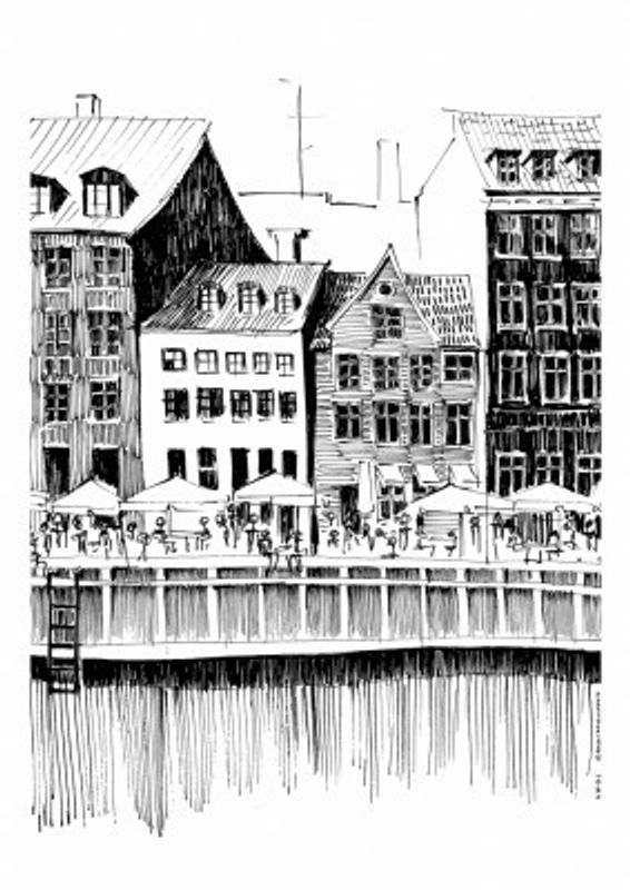 Copenhagen Art Print, Denmark Travel Illustration With Cafés On The Water