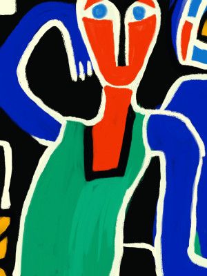 Stylized Figure With A Red Face And Blue Eyes
