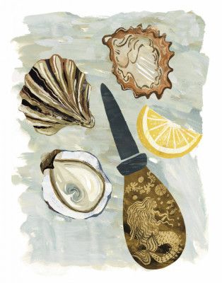 Oyster and a Shucker, foodie art, coastal whimsical mermaid, seafood