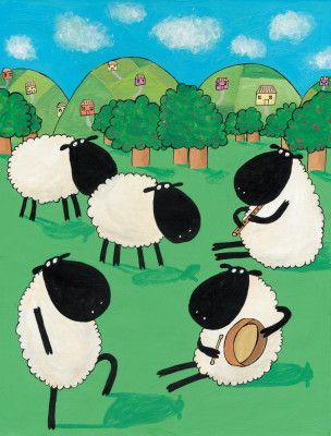 Funny Sheep Dancing in a Green Field by Artist Carla Daly
