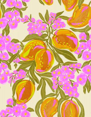 Tropical Theme With Lush Mangoes And Flowers