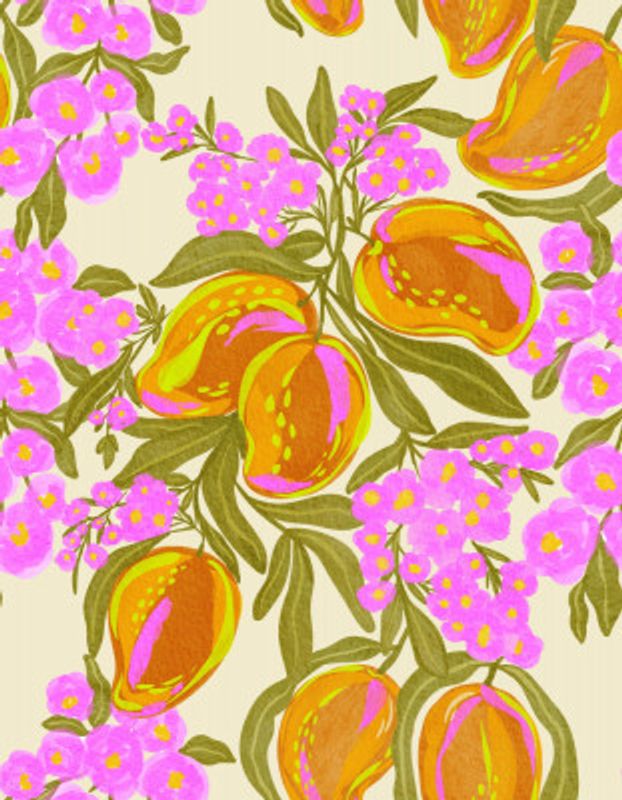 Tropical Theme With Lush Mangoes And Flowers