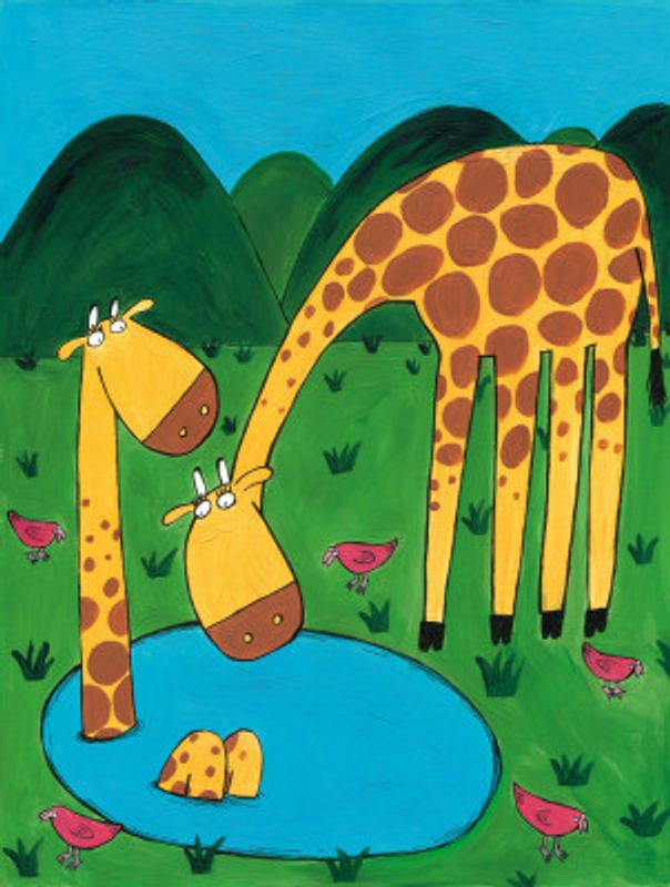 Mommy with Baby Giraffe in a Watering Hole by Artist Carla Daly