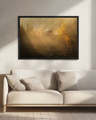 Alpine church in the morning fog